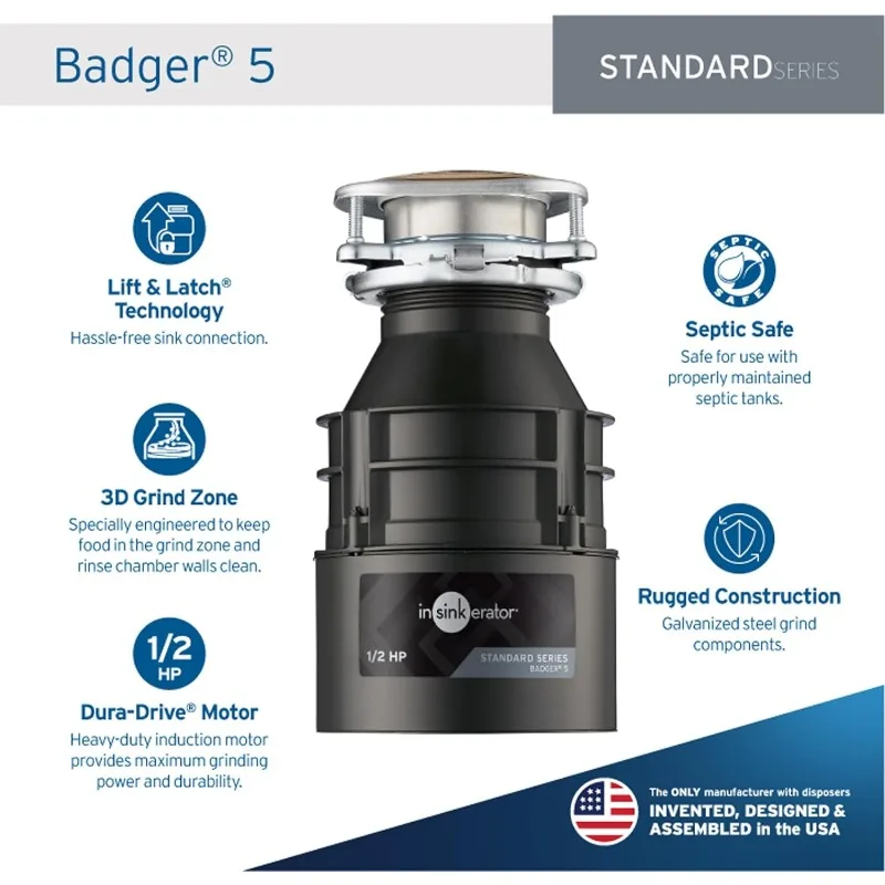 Измельчитель пищевых отходов InSinkErator Badger 5, стандартная серия 1/2 HP, непрерывный измельчитель пищевых отходов, черный, набор из 1