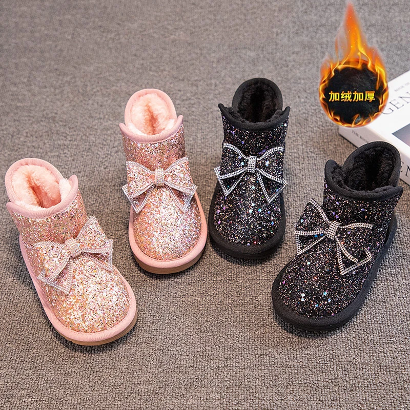 Girls Snow Boots Cute Bow Rhinestones Casual Winter Warm 2022 New Kids Fashion Booties Princess Japanese Style Versatile Boots