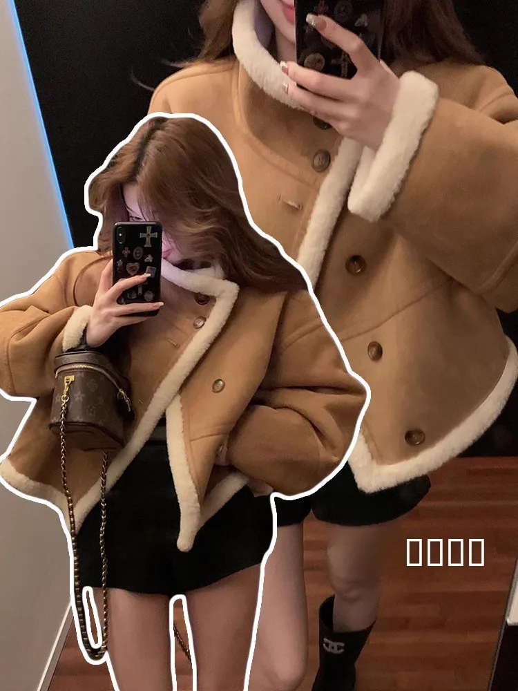 Thiened Pelle scamosciata ort Jaet Donna Autunno Inverno Nuovo Sle Biker Abbigliamento Pelliccia di agnello Top Inteated Abbigliamento in cotone per ort P...