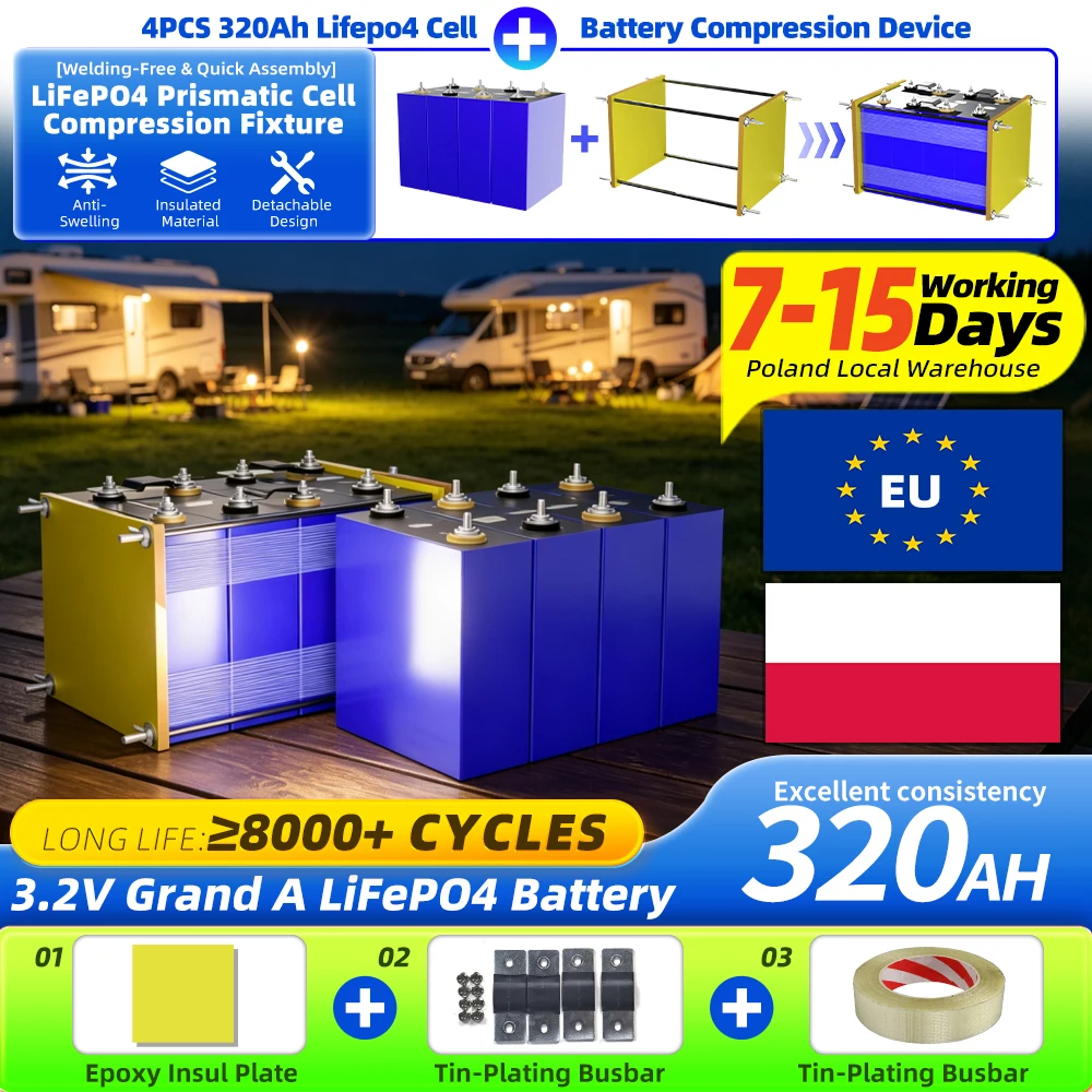 Kit telaio di montaggio a compressione per batteria LiFePO4 320Ah 3.2V di grado A, oltre 8000 cicli, celle ricaricabili, stock UE, per fai-da-te 12V 24V 48V, camper e solare