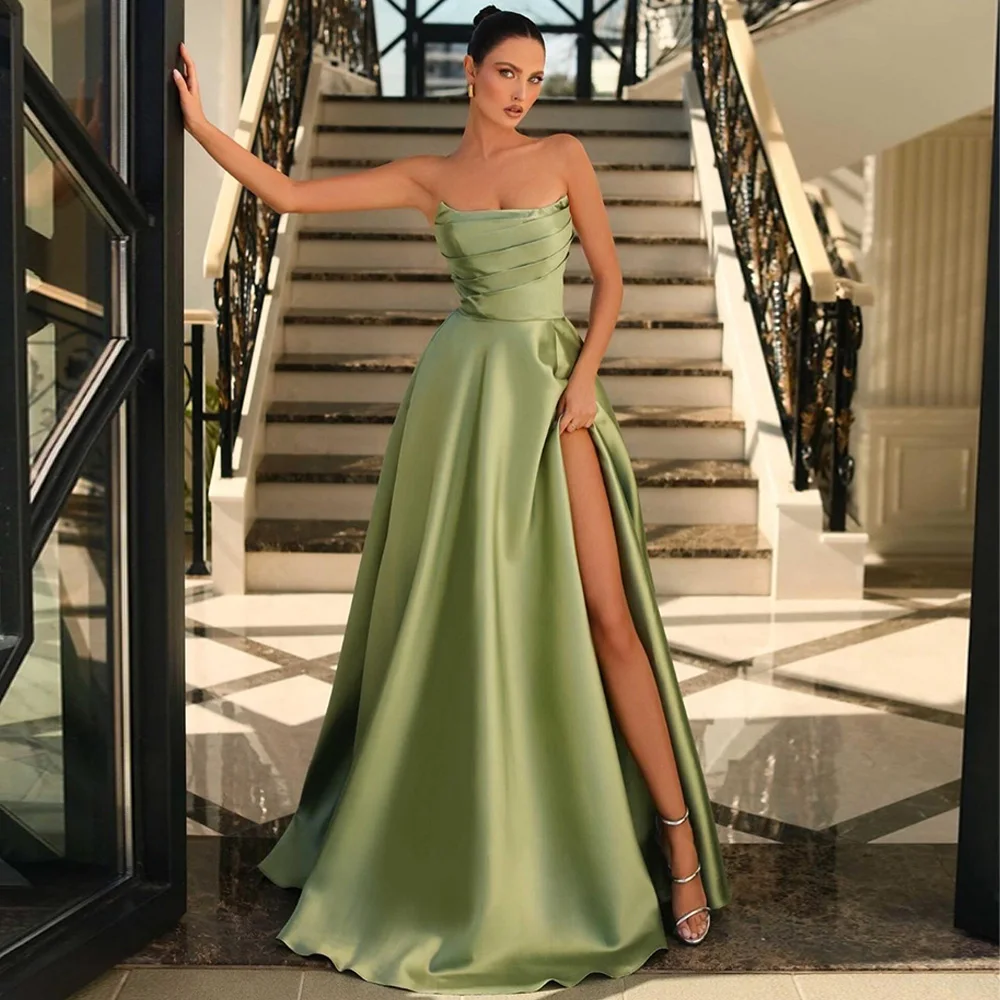 

Women's Prom Dresses Green Satin Strapless A Line Side Slit Sexy Gowns Long Backless Simple Formal Evening Dress 2023