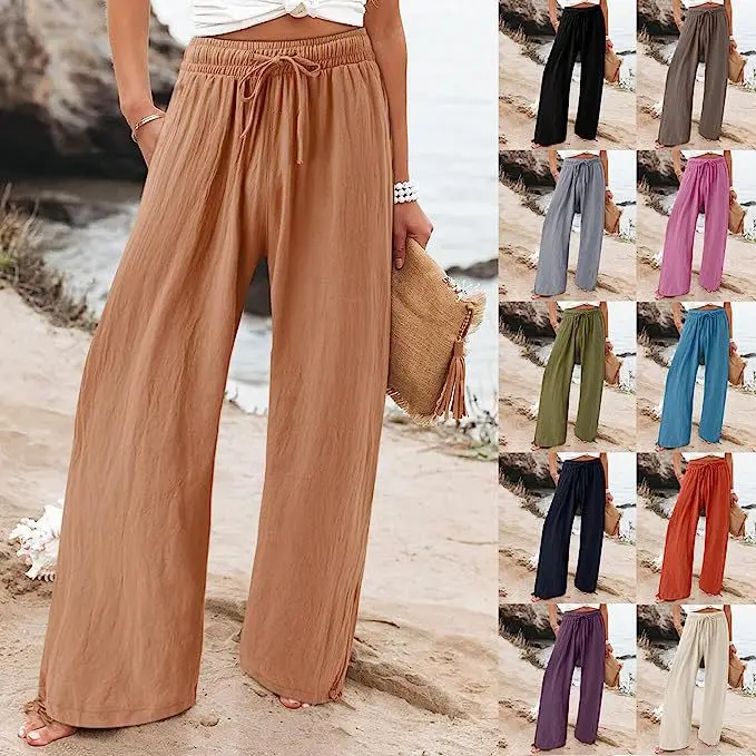 

Women 2023 Loose Casual Drawstring Cotton Linen Long Straight Wide Leg Pants Trousers