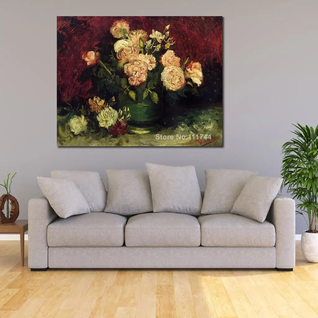 Modern Art Painting on Canvas Bowl with Peonies and Roses Hand Painted Vincent Van Gogh Artwork High Quality