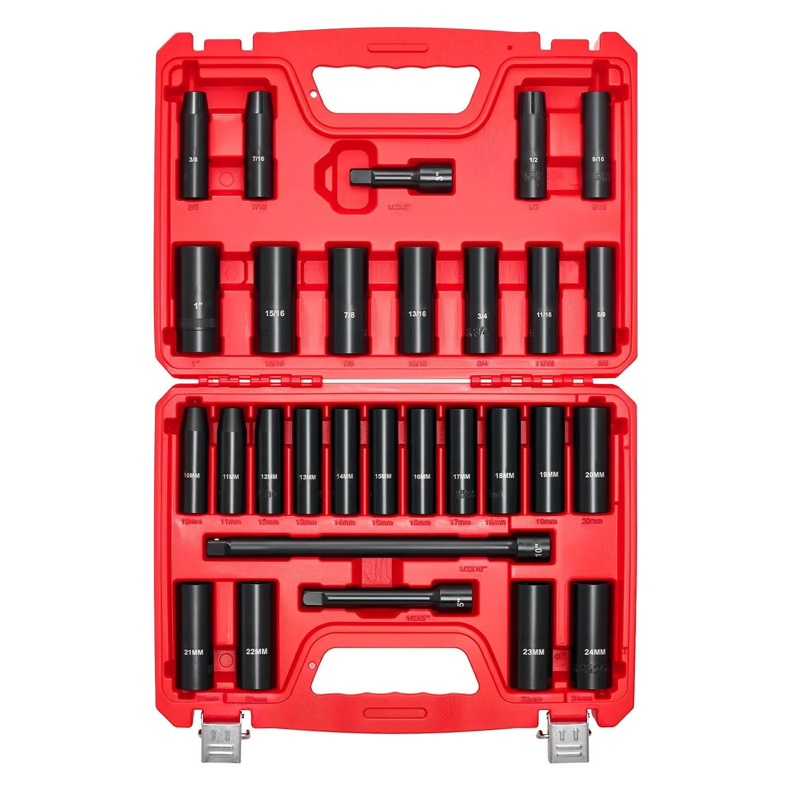 1/2 in Drive Impact Socket Set, 29 Piece, 6 Point Deep, SAE (3/8 to 1 inch) and Metric (10 24 mm) Sizes with Extension Bars (3