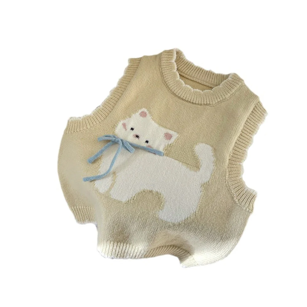 Baby Girls Sleeveless Sweater Spring Autumn Cute Cartoon Cat Knitted Vest Kids Waistcoat Children Clothes Warm Knit Vest Tops