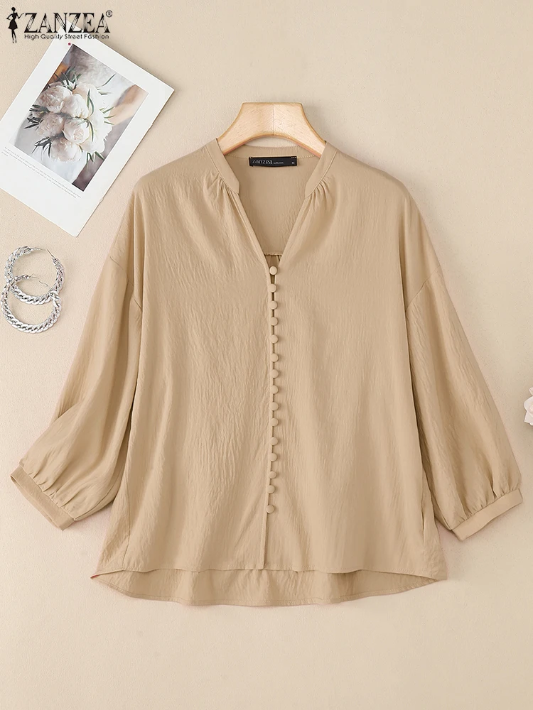 

ZANZEA 2025 Casual Shirts Women Vintage 3/4 Sleeve Blusas Casual Loose Bottons Tunic Autumn V Neck Solid Color Tops Oversized