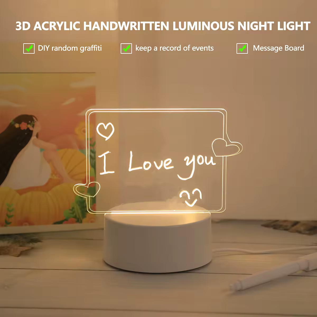 Usb יצירתי 3d זוהר אור בלילה אור, הודעה אור הלילה, אור מתנת יום הולדת אור, אור מנורת יום הולדת, אור קישוט חדר שינה אור