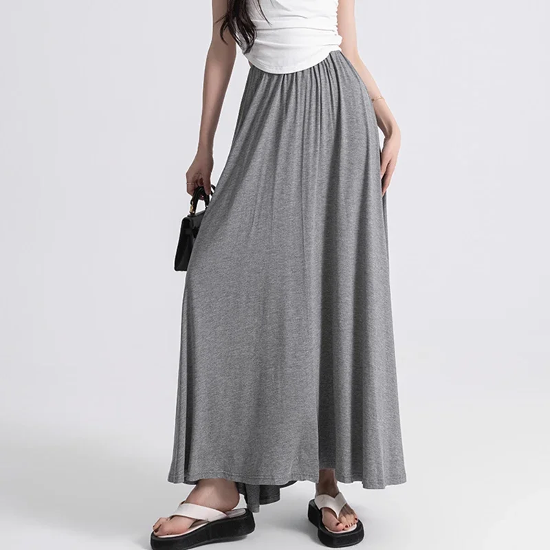 Elastic Waist Casual Modal Fabric Maxi Skirt for Women 2024 Summer Solid Big Swing A Line Pleated Skirts Female