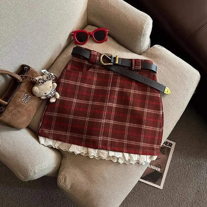 

Модная и универсальная кружевная шерстяная юбка в клетку для женщин осенью и зимой Юбка на бедрах с высокой талией и надписью
