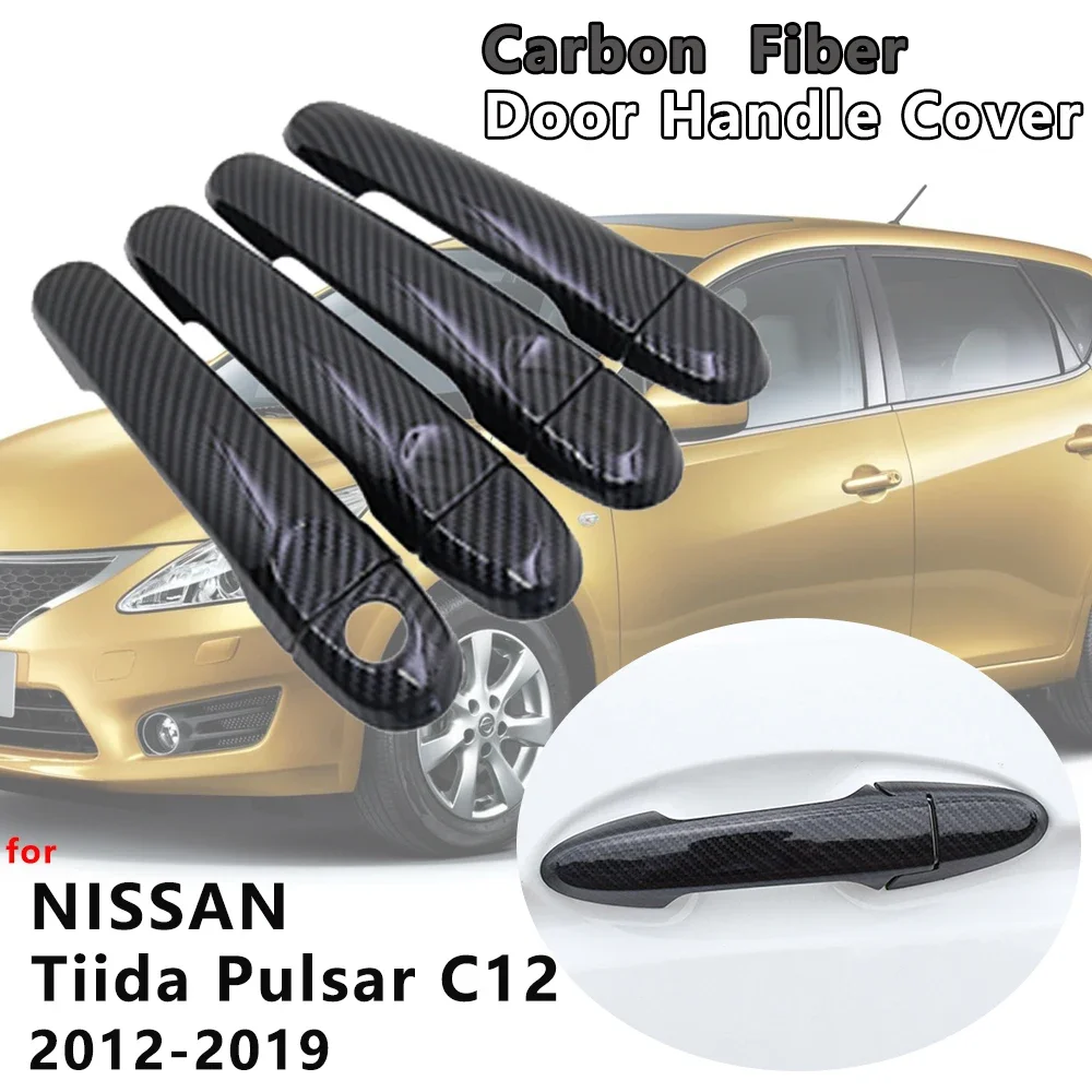 

4pcs Gloss Black Carbon Fiber Door Handle Cover Catch Cap Trim Protect Exterior Car Accessories for Nissan Tiida Pulsar C12 MK2