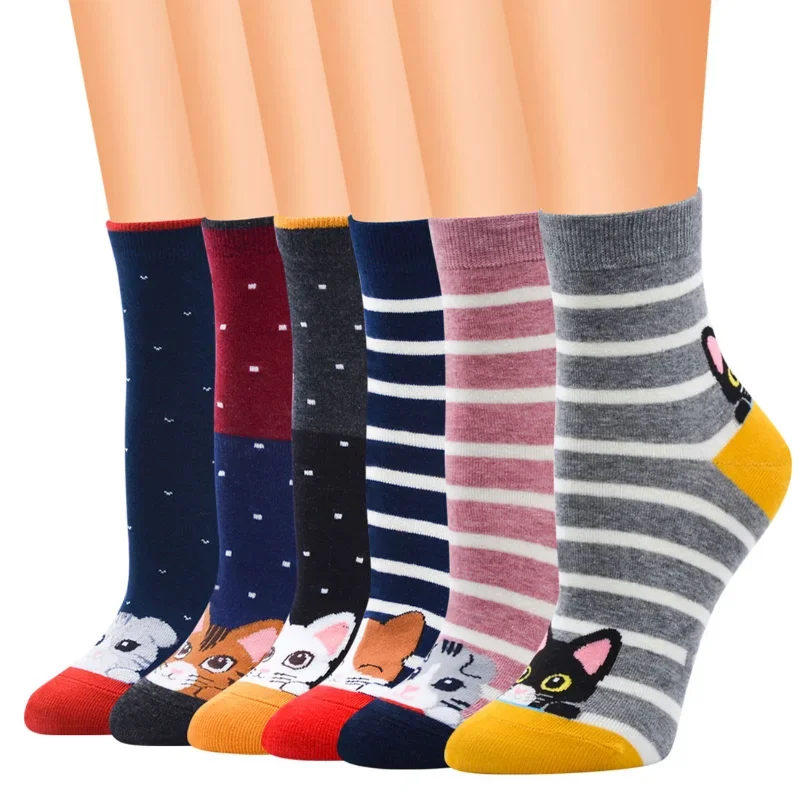 

New cute style Kawaii Women Striped Cartoon Socks Ladies Female Colorful Korean Style Cat Face Funny Animal Cotton Sock