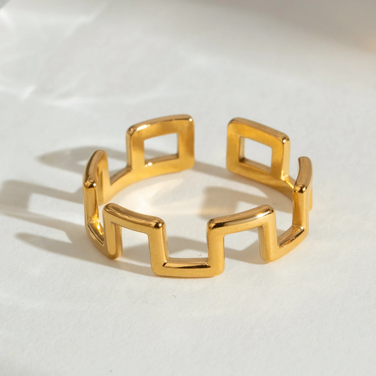 Unisex Minimalist Square Castle Open Adjustable Ring 18K Gold Plated Stainless Steel Simple Jewelry for Women