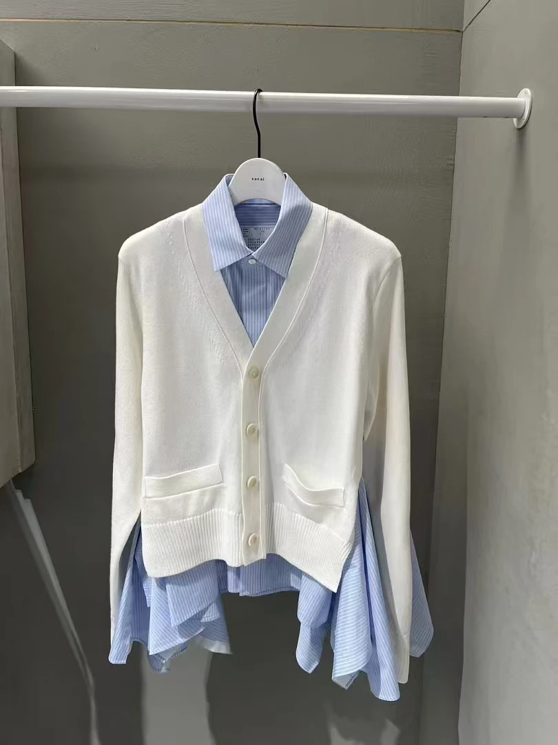 

FOG SACAI Японский стиль, весна-лето, новинка: вязаный кардиган с воротником и длинными рукавами, женский топ свободного кроя из чистого хлопка