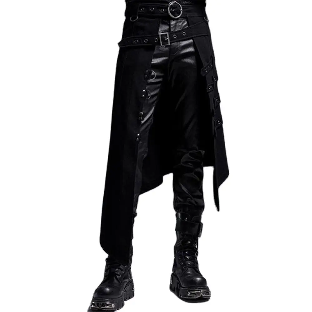 Men's Gothic Leather Belt Medieval Roman Warrior Kilt Metal Chian Harujuku Stylish Clothing Punk Pleated Skirt Open Front