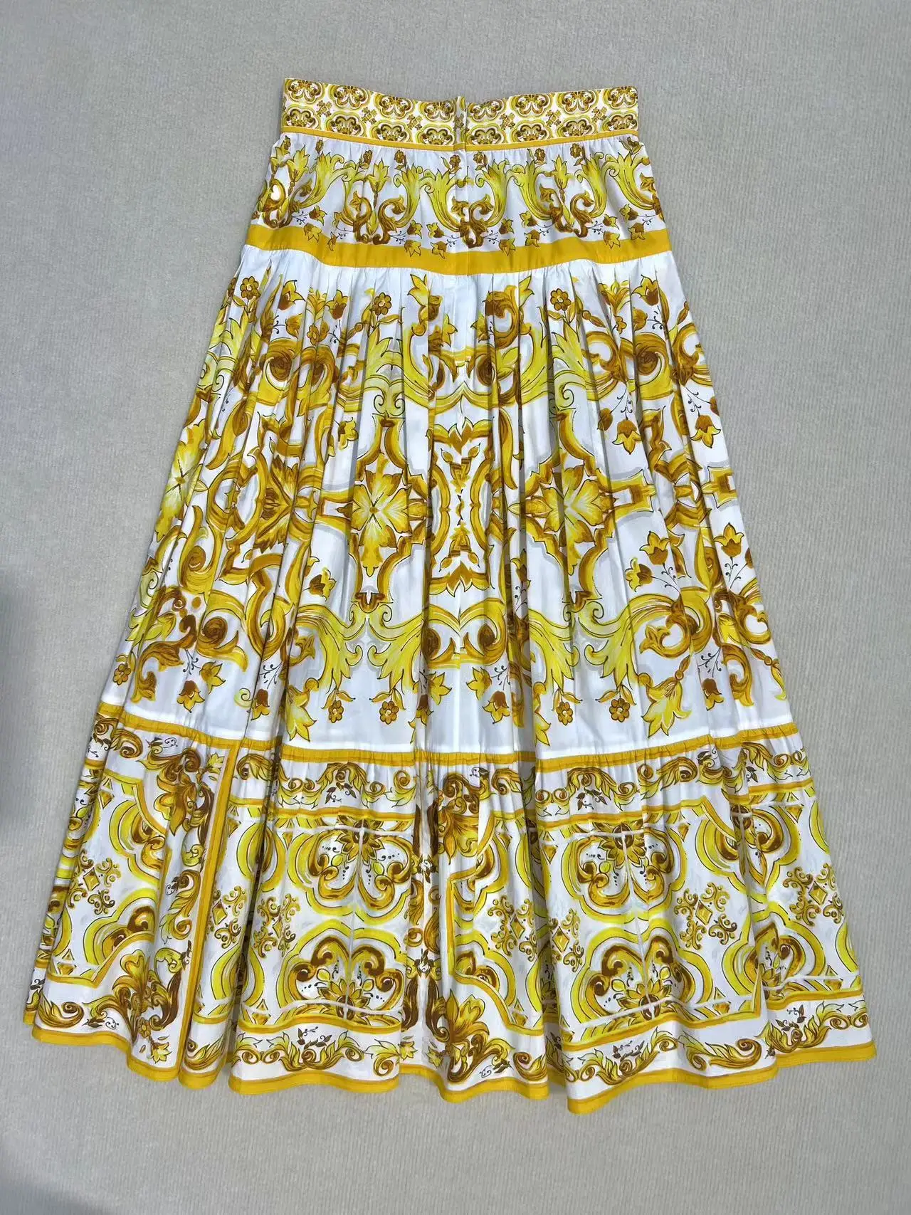 100% Cotton 2024 New Bohemian Style Yellow Porcelain Print Trendy Casual Skirt