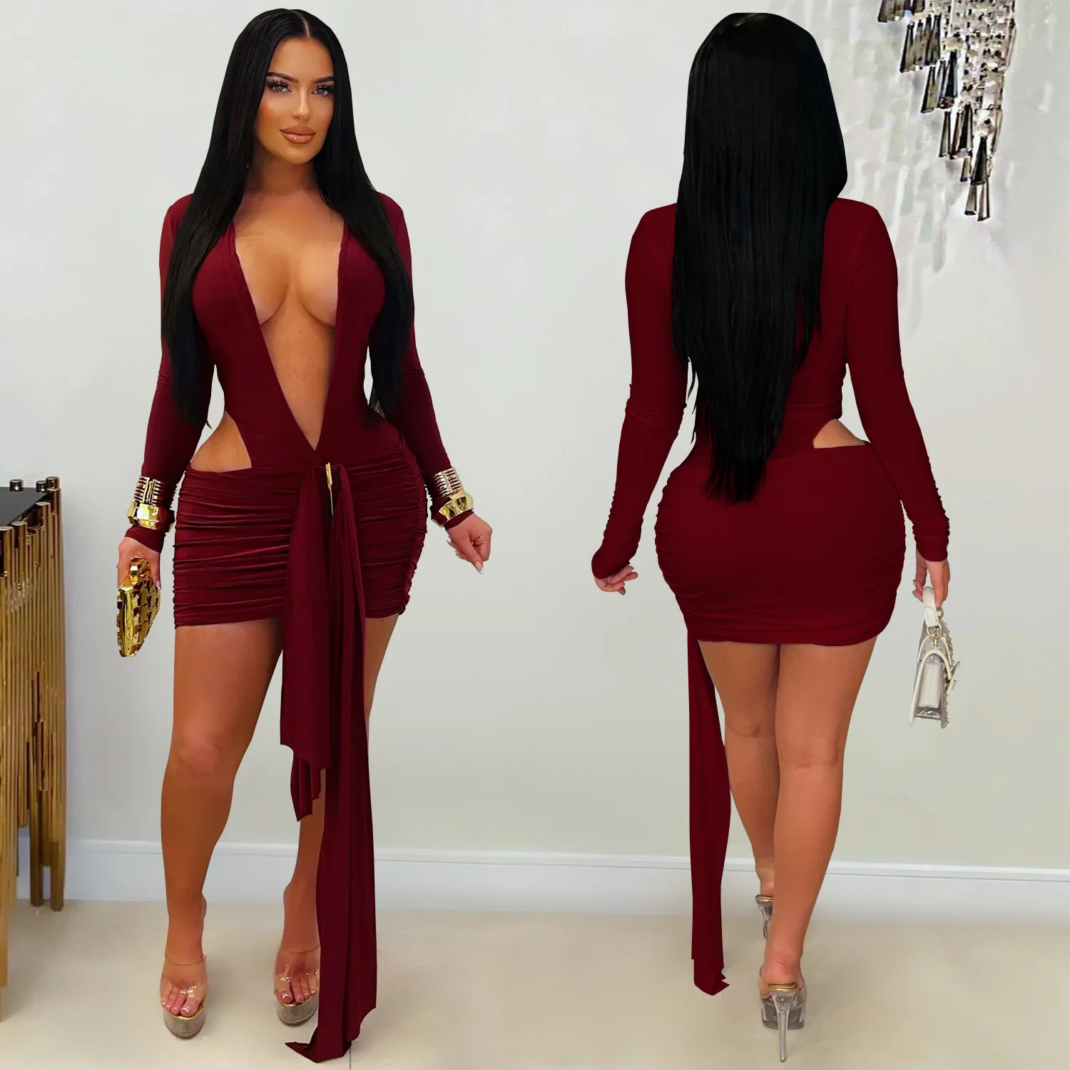 Mini abito dalla fasciatura sexy Abiti da sera da club 2025 Abiti da donna autunno inverno Abiti di lusso con scollo a V aderente Abito a pieghe da festa