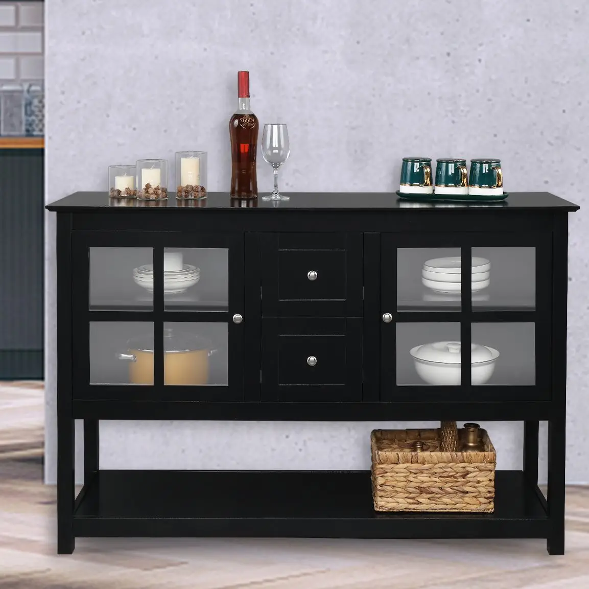 

FCH Transparent Double Door With Double Wine Rack Sideboard Porch Cabinet Black[US-Stock]