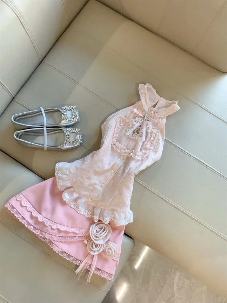 

French Sweet Pure Desire 2-х предметный комплект женские топы без рукавов с подвесным воротником + короткая юбка трапециевидной формы летний новый тонкий модный костюм для цыпленка