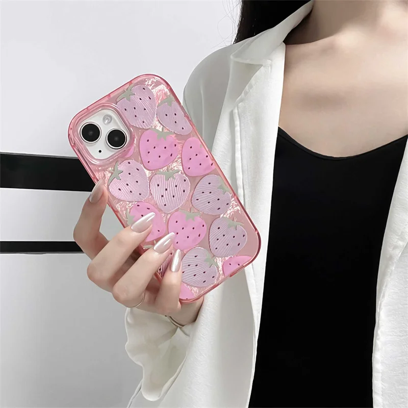 ピンクのストロベリーパターンの電話ケース,シルバーのモスリンデザインの電話ケース,iPhone 15,14,13 pro max,15pro用の素敵な保護ケース