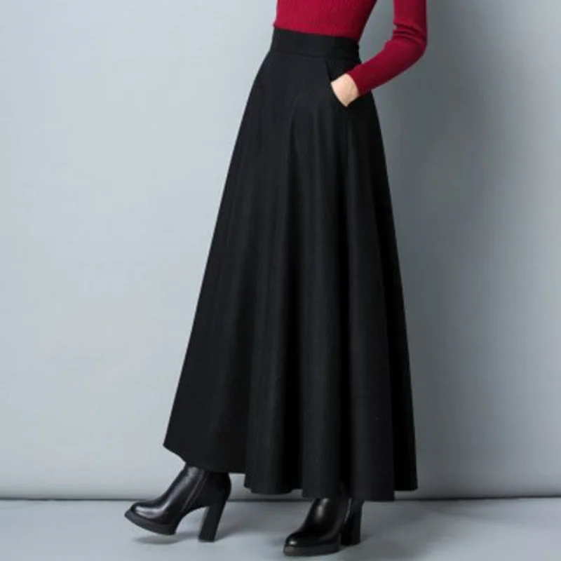 

Winter Long Woolen Pleated Skirt Thick Warm Women High Waist Big Size Elastic A-Line Maxi Skirts Wine Red Black Gray Faldas E981