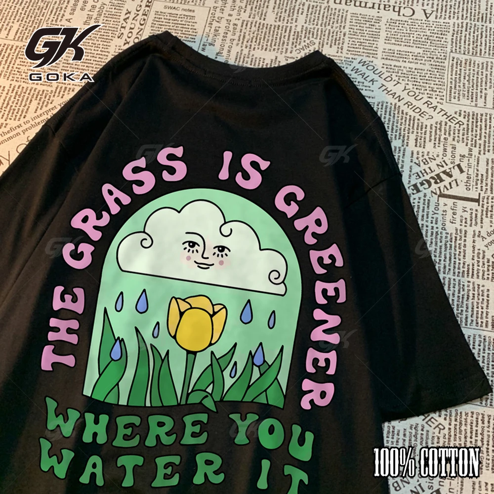 The Grass Is Greener Where You Water It Graphic TShirs Classical Tees Tops Unisex Women's Casual Cotton Tshirts for Men