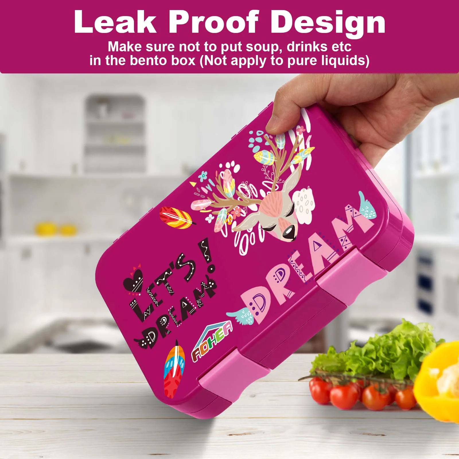 1 set five-grid leak proof meal box, cartoon pattern bento box, rose red Christmas reindeer, green giraffe, blue car bento box