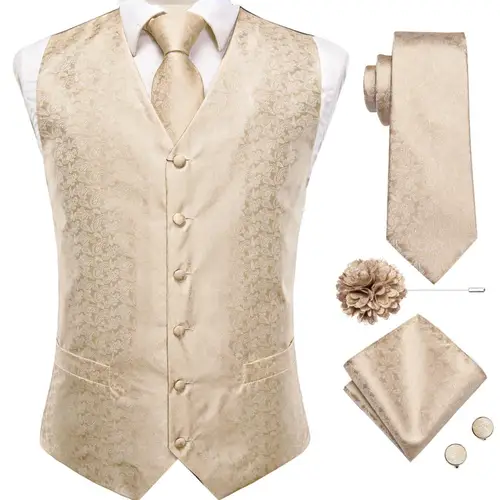 Imagen 2 del producto Chaleco de seda de alta calidad para hombre, conjunto de gemelos, broche, corbata de cuello, champán, Cachemira, traje, boda y oficina