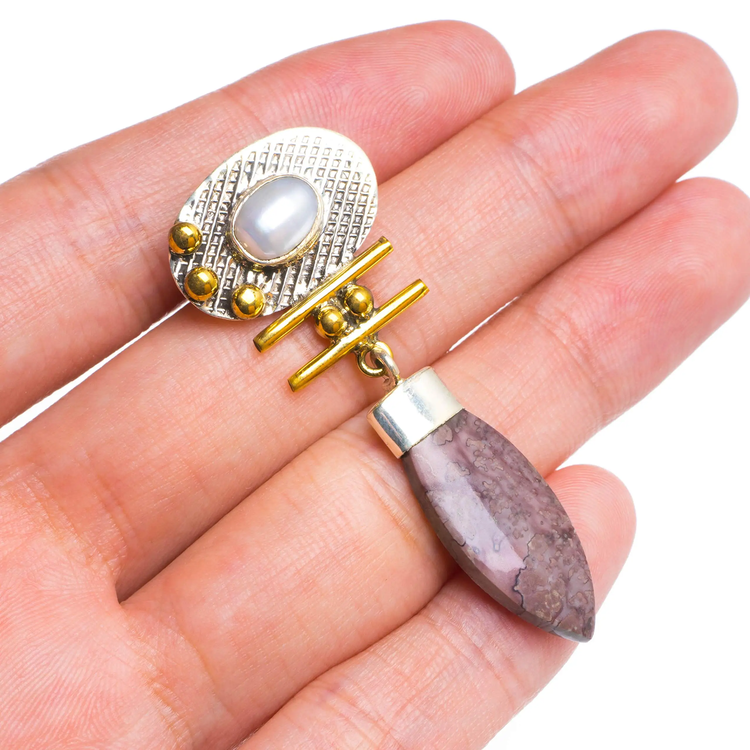 

StarGems® Natural Two Tones Coffee Bean Jasper&River Pearl Handmade Unique 925 Sterling Silver Pendant 2" B3196