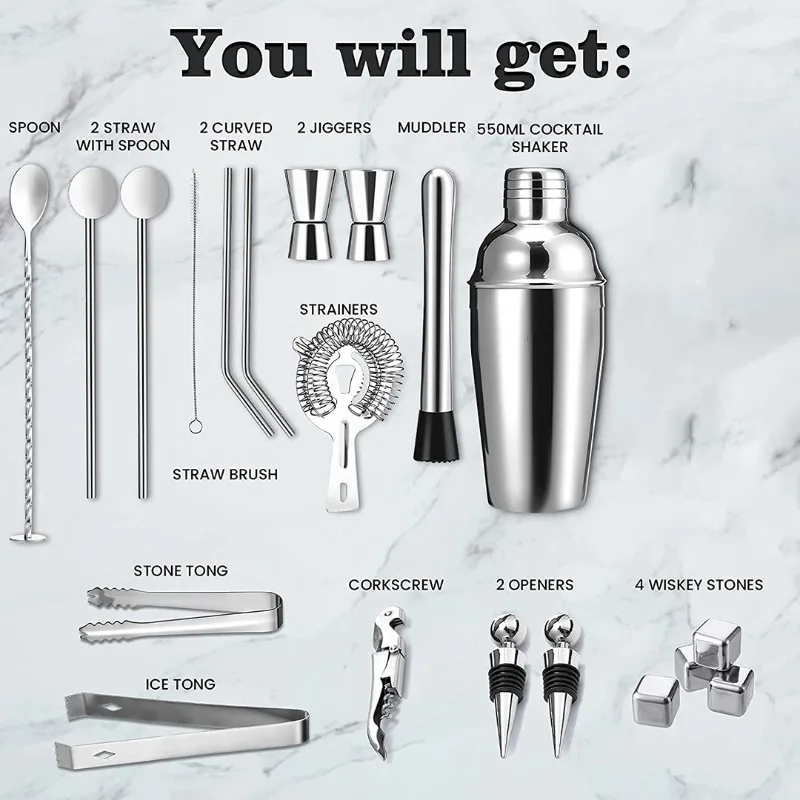 Whiskey Stone Included Party Bar Set, 22Pcs Stainless Steel Boston Cocktail Shaker Complete Bartender Tools For Home Gathering