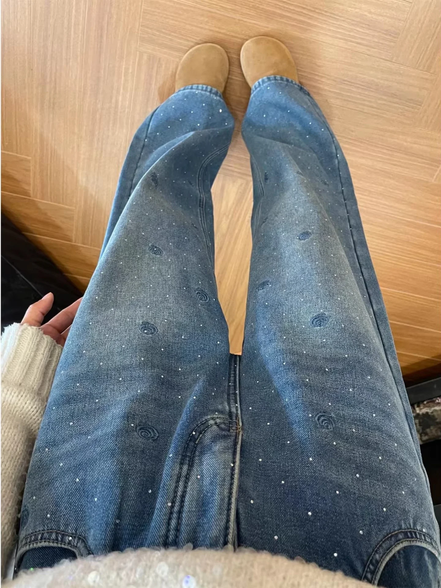 

Heavy Duty Rhinestone Blue Straight Leg Denim Jeans Women's plus Size High Waist Loose Slimming Wide Leg Pants Spring 2026