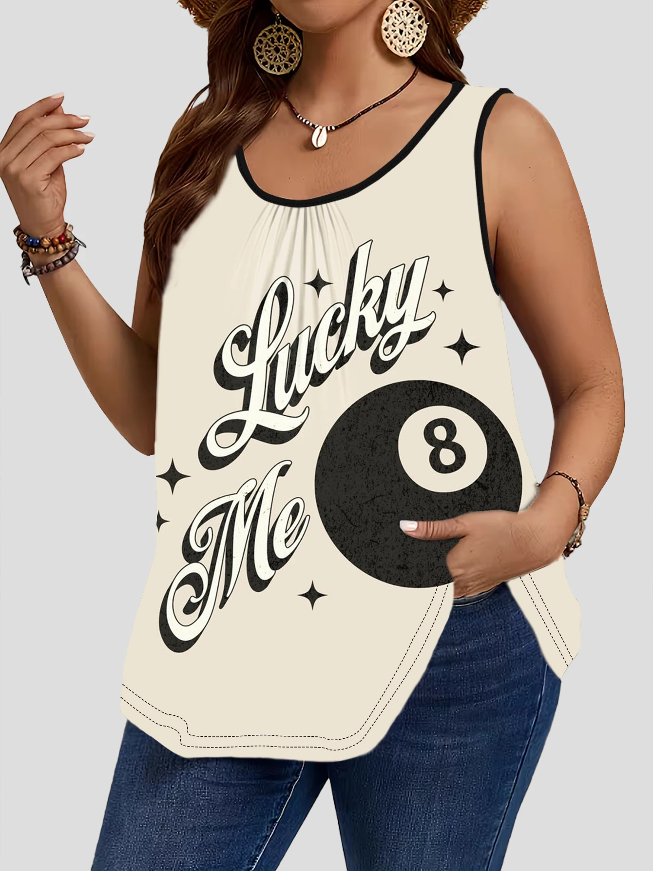 3-Piece Set of Plus-Size Women's Vintage Lucky Number 8 Billiard Letter Print Tank Tops, Round Neck Loose Sleeveless Tops 3