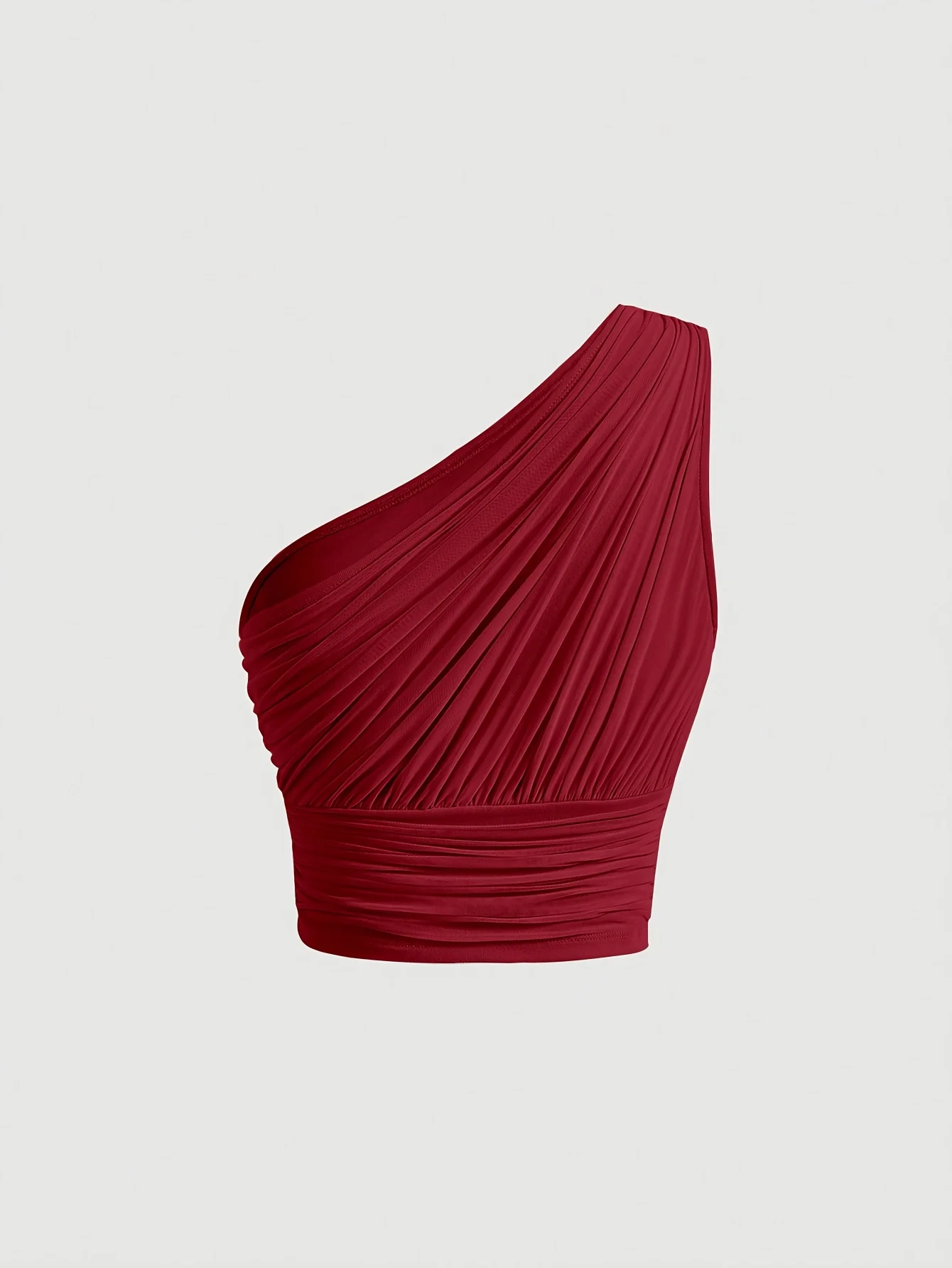 Lady with a dignified, elegant and graceful appearance, wearing a pure color, slightly elastic, off-the-shoulder halter top.