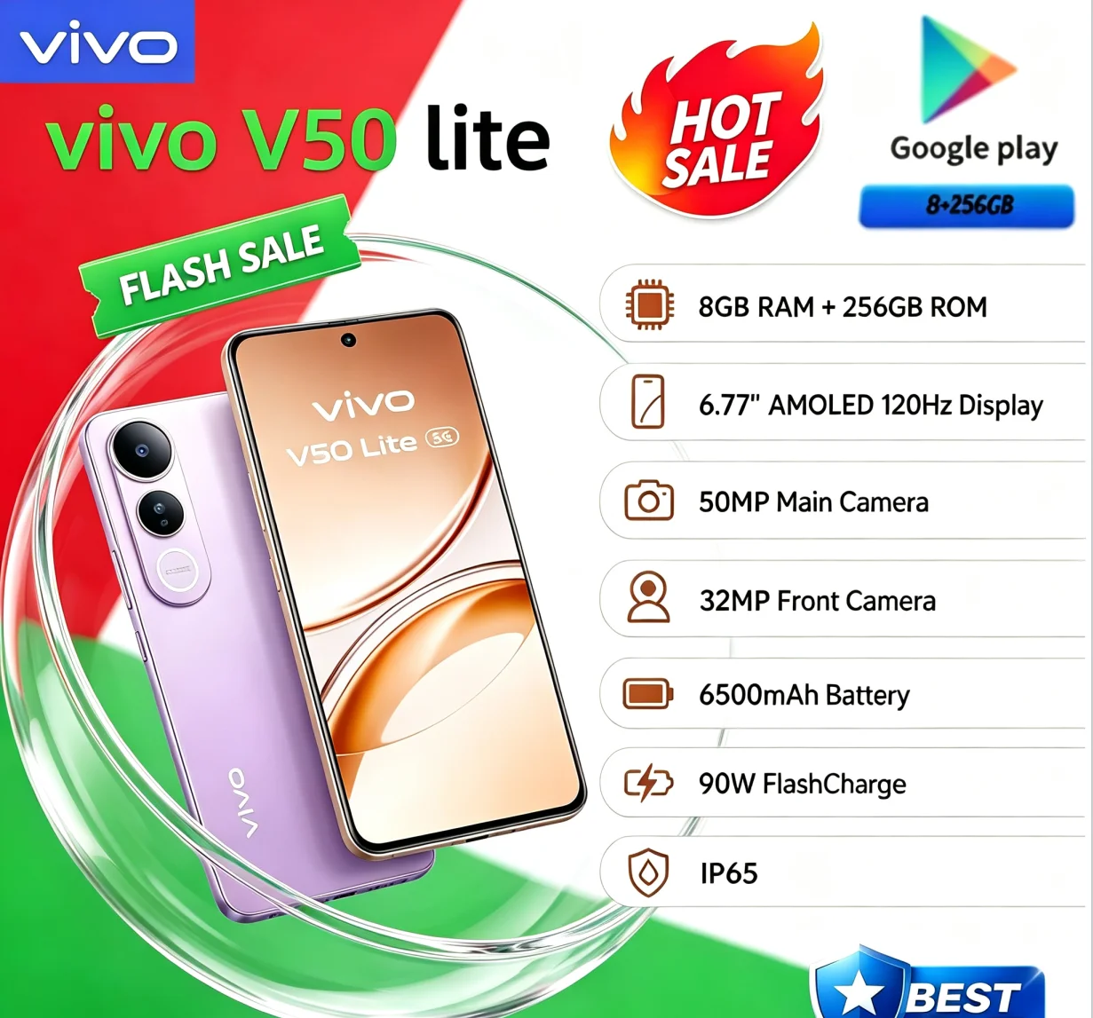 Premium Choice 2026 VIVO V50 Lite Brand‑New Mobile Phone 8GB 256GB ROM 6.58 Inch Large Full‑View Display Dual 64MP