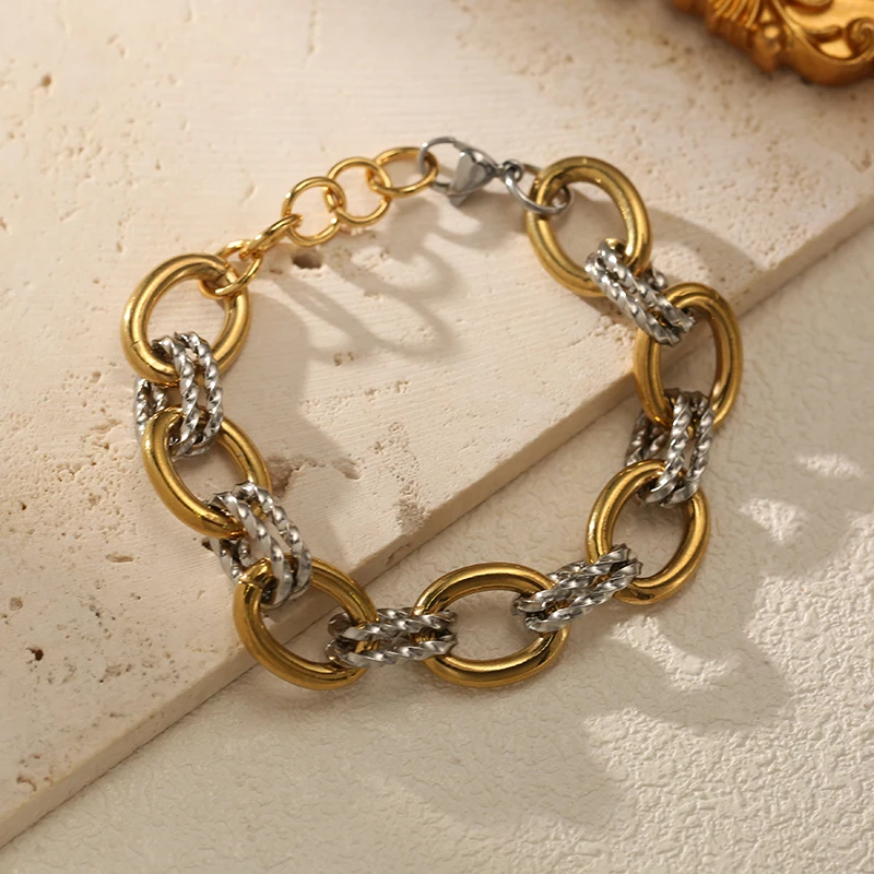 EILIECK 316L Edelstahl Zweifarbiges Ovales Halsketten-Armband-Set für Damen Hip-Hop Punk Twisted Halskette Schmuck Geschenk – Detail 14