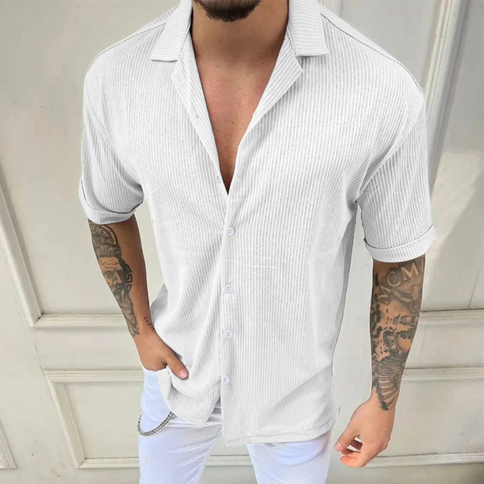 Corduroy Shirts For Men Short Sleeve T Shirt Summer Casual Lapel Buttoned Men Shirts Oversized Top Loose Solid Clothes Camisas