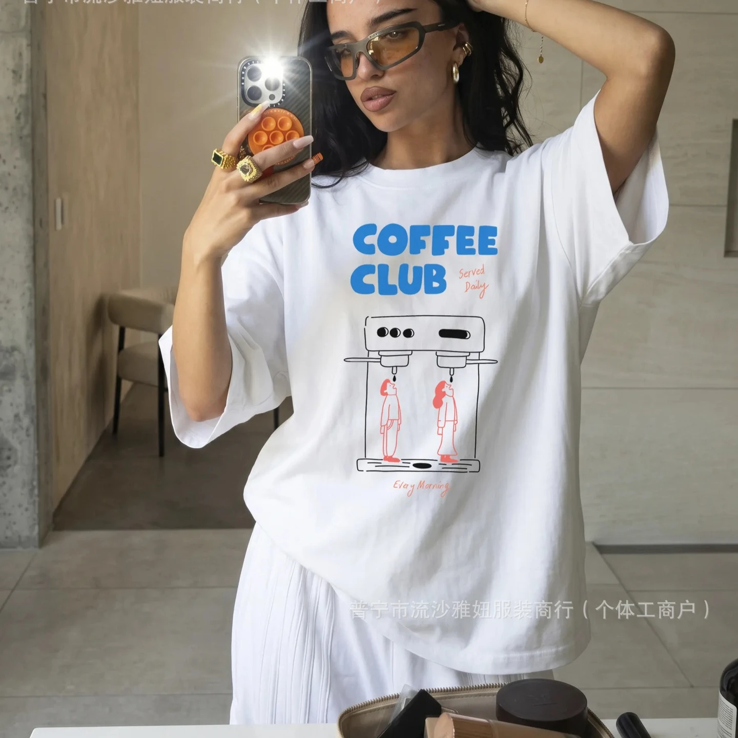100% Cotton Soft Minimalist Coffee Lover White Oversized Tee Bold Blue Coffee Club Text Line Drawing Espresso Machine Couple Y2K