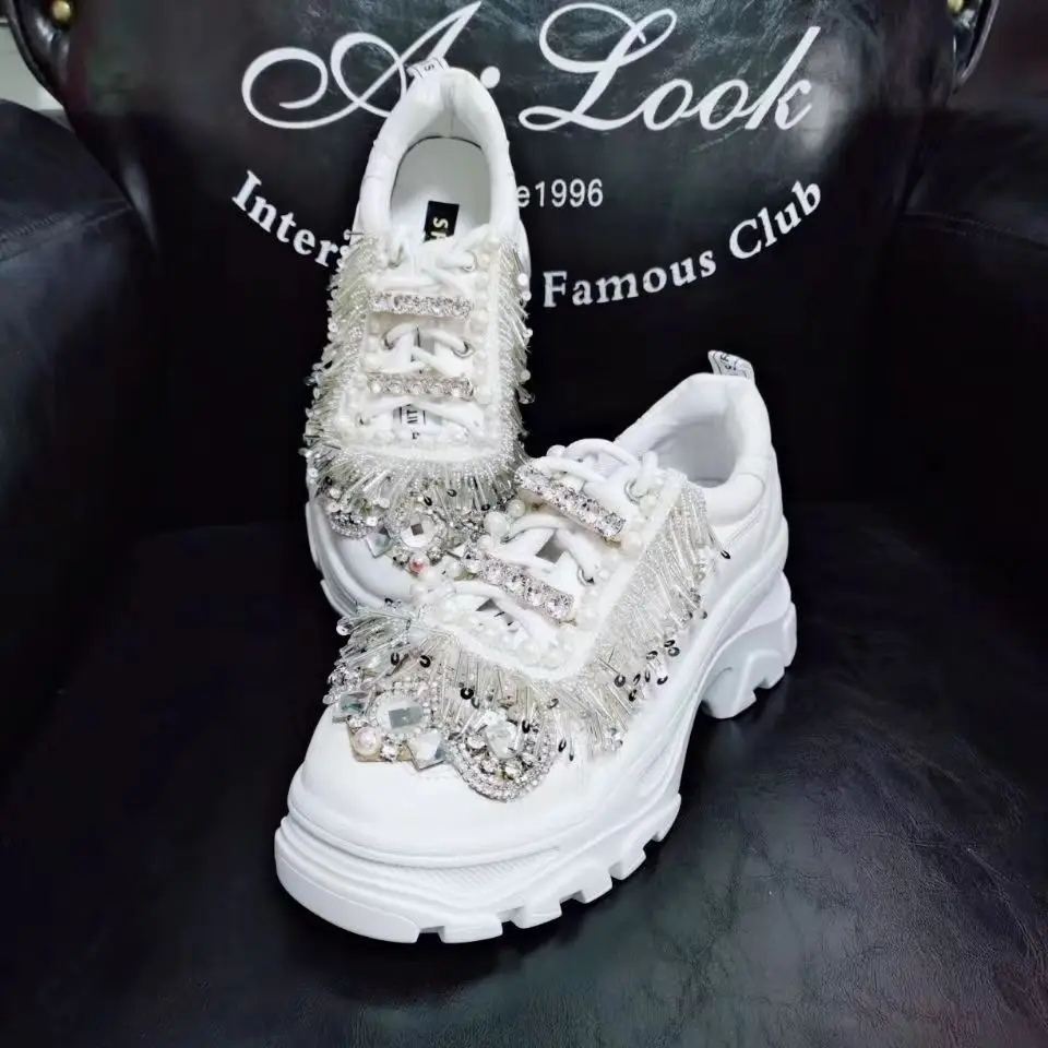 

Luxury rhinestone silver sports shoes women inlaid diamond fashion muffin thick bottom small white shoes women