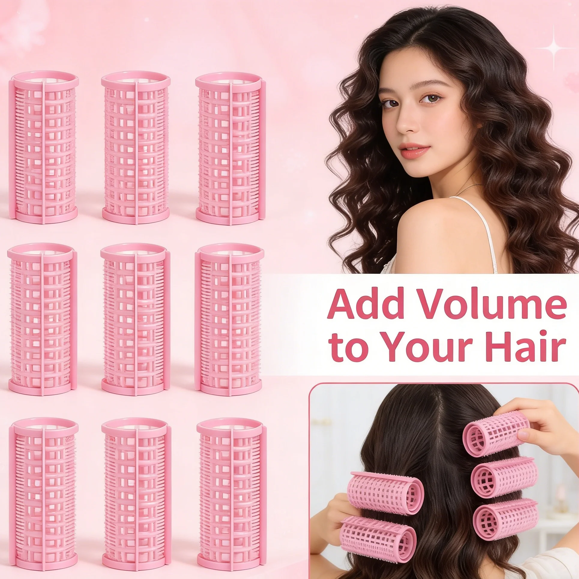 9-piece set of curly hair rollers for creating various hairstyles such as airy bangs, high forehead, and big waves. view 2