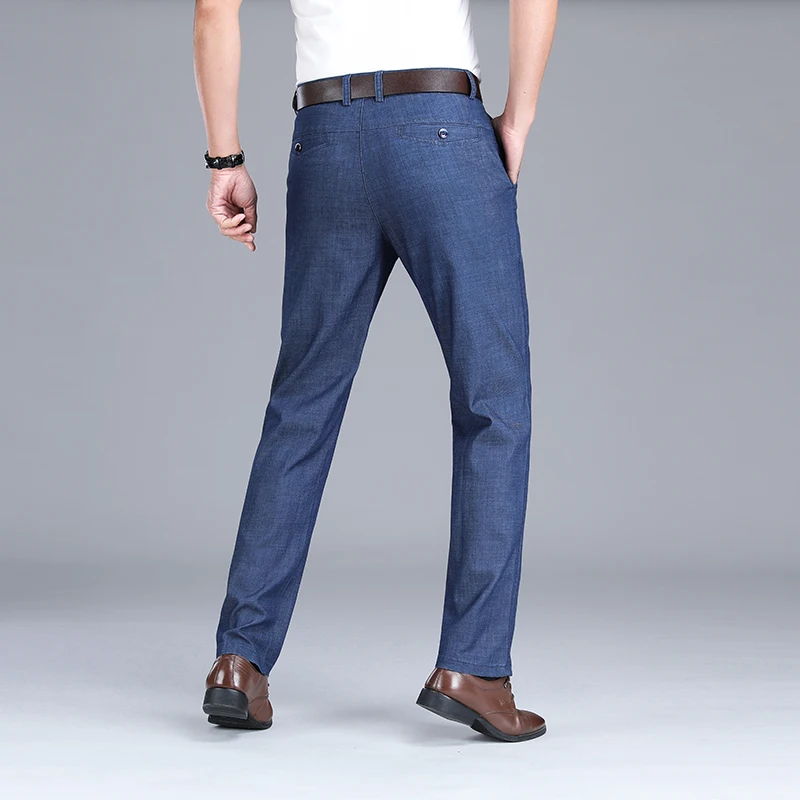 2024 New Men\'s Summer Thin Jeans Loose Stretch Large Size Ice Silk Straight Pants Elite Business Casual Pants Smoke Gray Blue