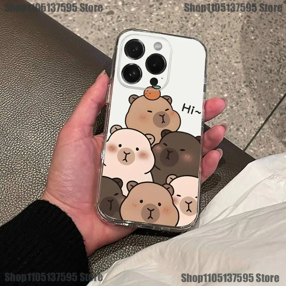Casing HP Lucu Kartun Kapibara Imut Untuk iPhone 16,15,14,13,12,11 Pro,Max,Plus,X,XS,XR,SE4,E Mini Transparan Bahan Lembut