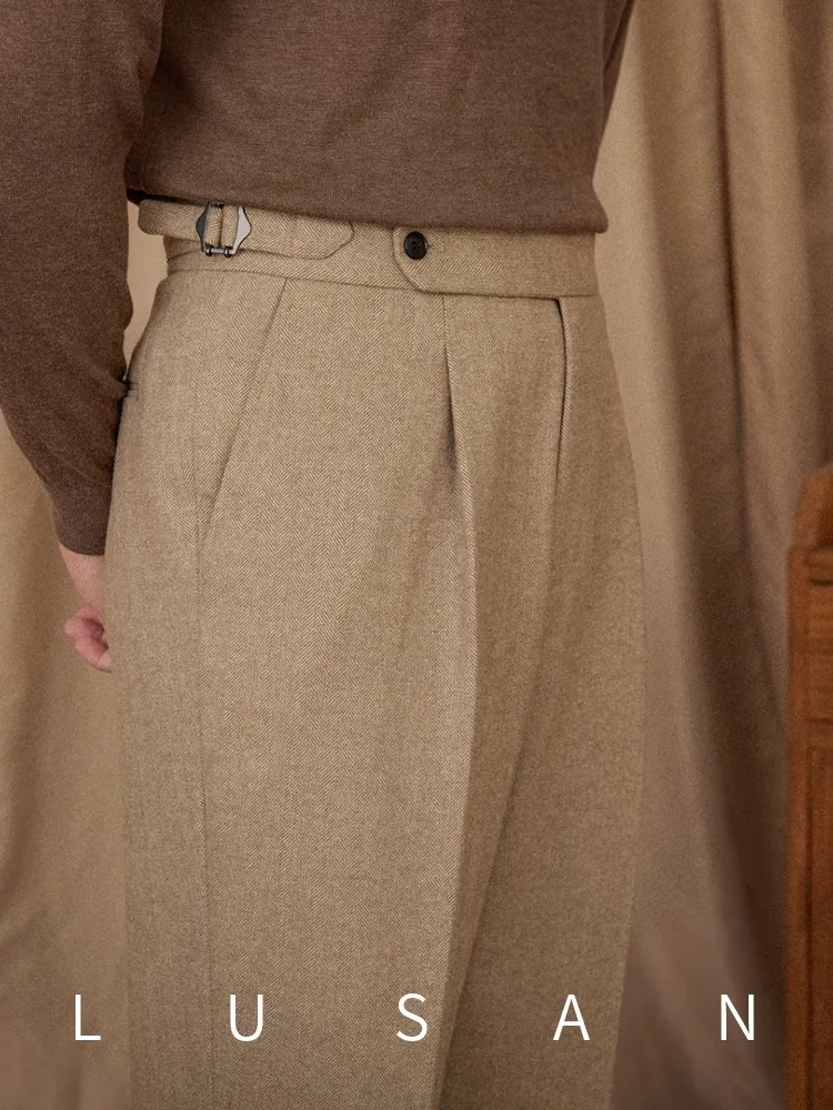 Pantalones de invierno 40% lana para hombre - Estilo napolita Pierna recta de cintura alta Cálido Grueso Casual