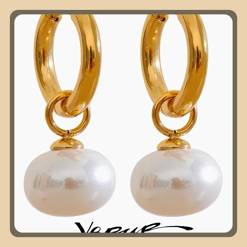 Yhpup High Quality Imitation Pearls Drop Stainless Steel Golden Korean Hoop Earrings Charms Fashion Jewelry Bijoux Femme Gift