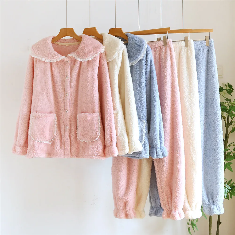 

Winter Flannel Sleepwear Thickening Warm Long Sleeve Shirt Pants Women's 2 Pieces Set Cute Doll Collar Pajamas Homewear
