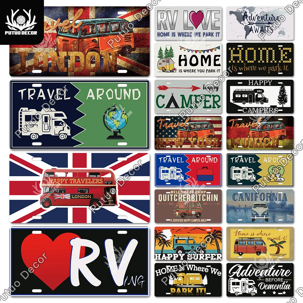 Putuo Decor RV License Plate Metal Sign Plaque Metal Vintage Tin Sign Decoration for RV Camping Car Tent Door Home Wall Decor