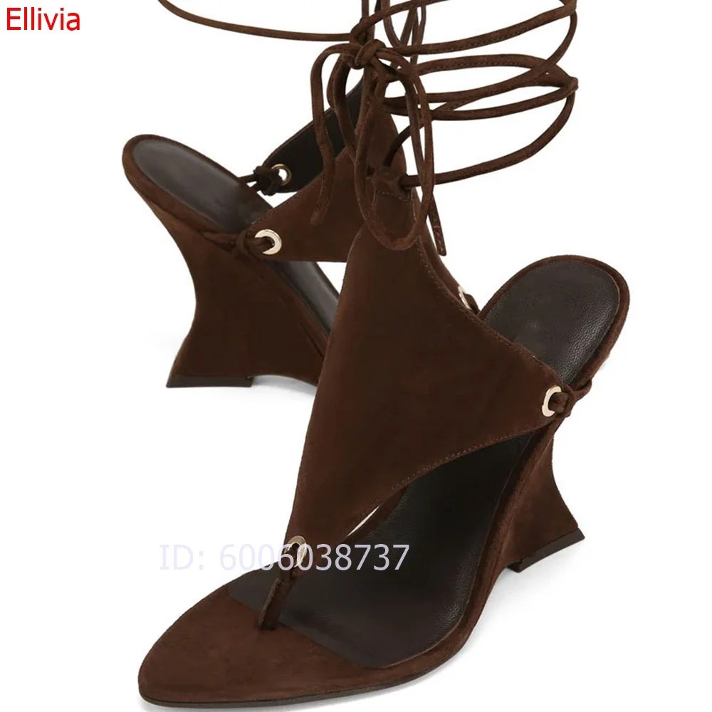 Women Mixed colors Wedge Heel Sandals Pointed Toe Thong Lace Up Ankle Wrap Sandals Fashion Contrast  Party Dress for Ladies - view 6