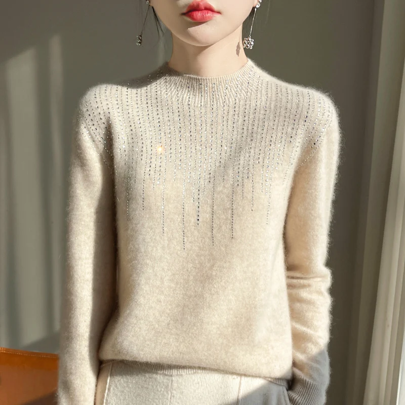 

Autumn Winter Women Sweater Turtleneck Mock Neck Long Sleeve Diamonds Knitwear Pullover Half height collar Top Female clothing