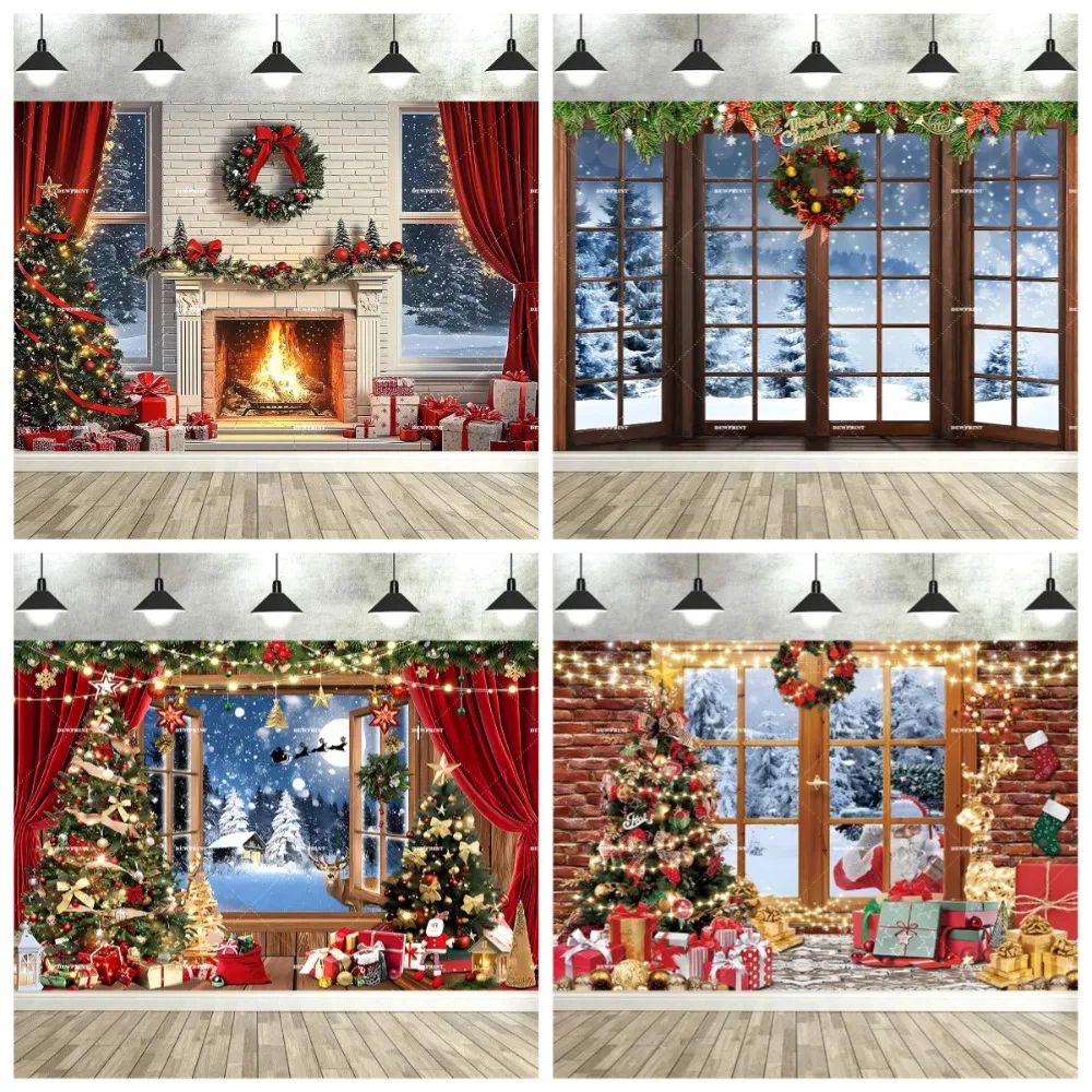 

Christmas Snow Window Photography Background, Christmas Wooden Window Full Moon Night Fireplace Festival Party Banner Background