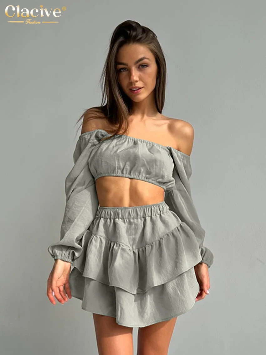 

Clacive Sexy Loose Gray Nylon 2 Piece Set Women Outfit 2024 Fashion Long Sleeve Crop Top With Pleated High Waist Mini Skirts Set