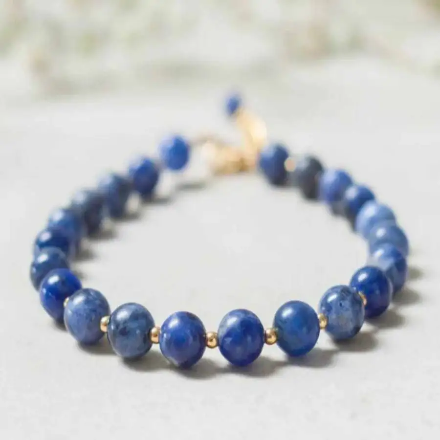 

Natural Lapis Lazuli Beaded Bracelet with Gold Spacers & Extension Chain Healing Crystal Jewelry for Women