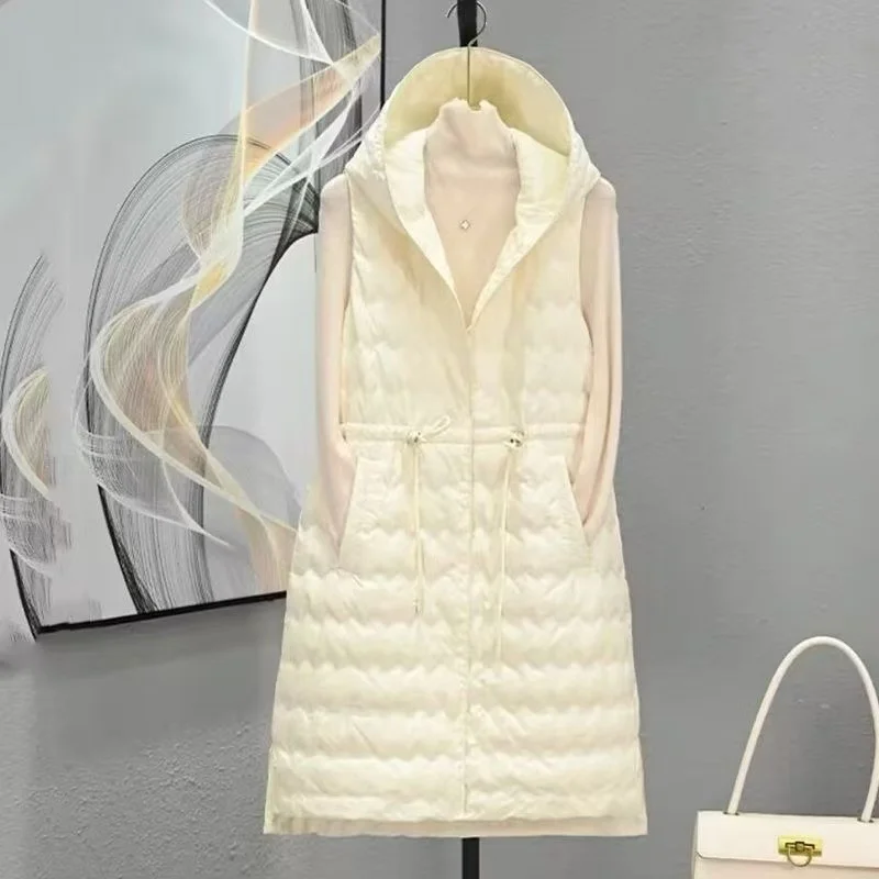 Women's Lightweight Cotton Vest New Style Belted Mid-Length Hooded Jacket Inner  Tank Top Fashionable Casual Wear